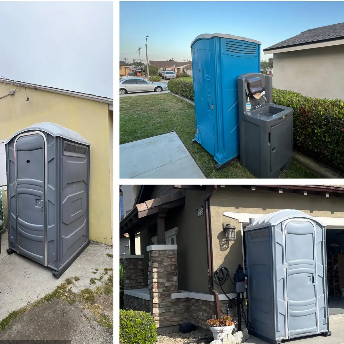 Gray portable toilets placed on residential driveways and side yards