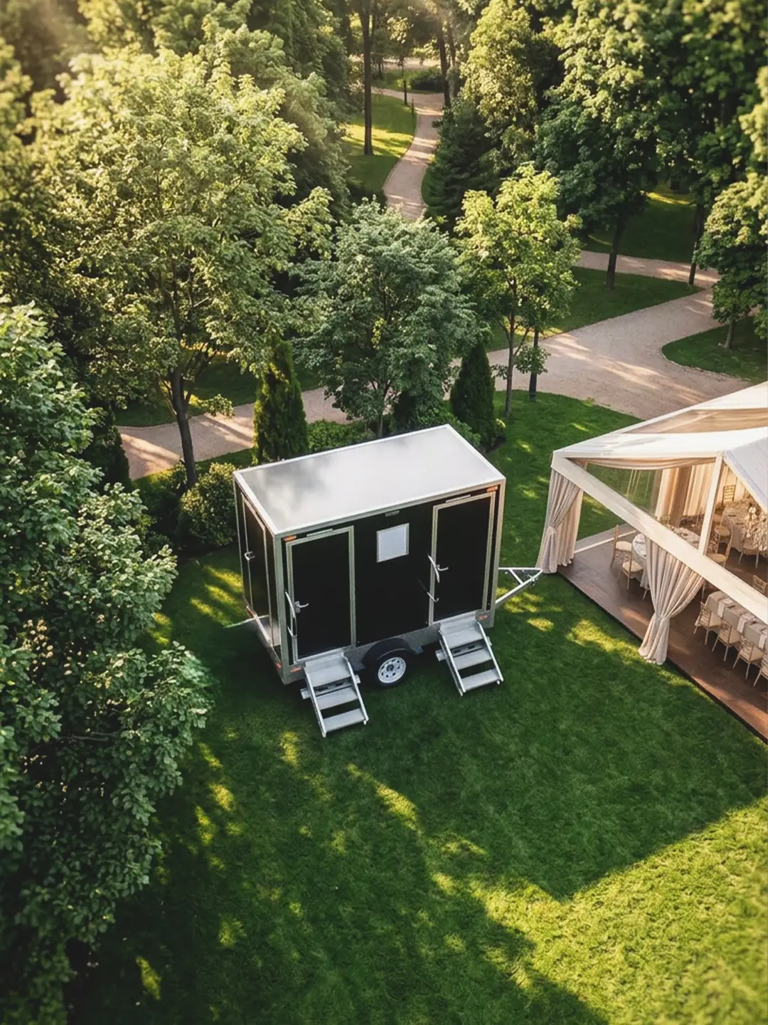 Restroom trailer next to a wedding tent on a lawn